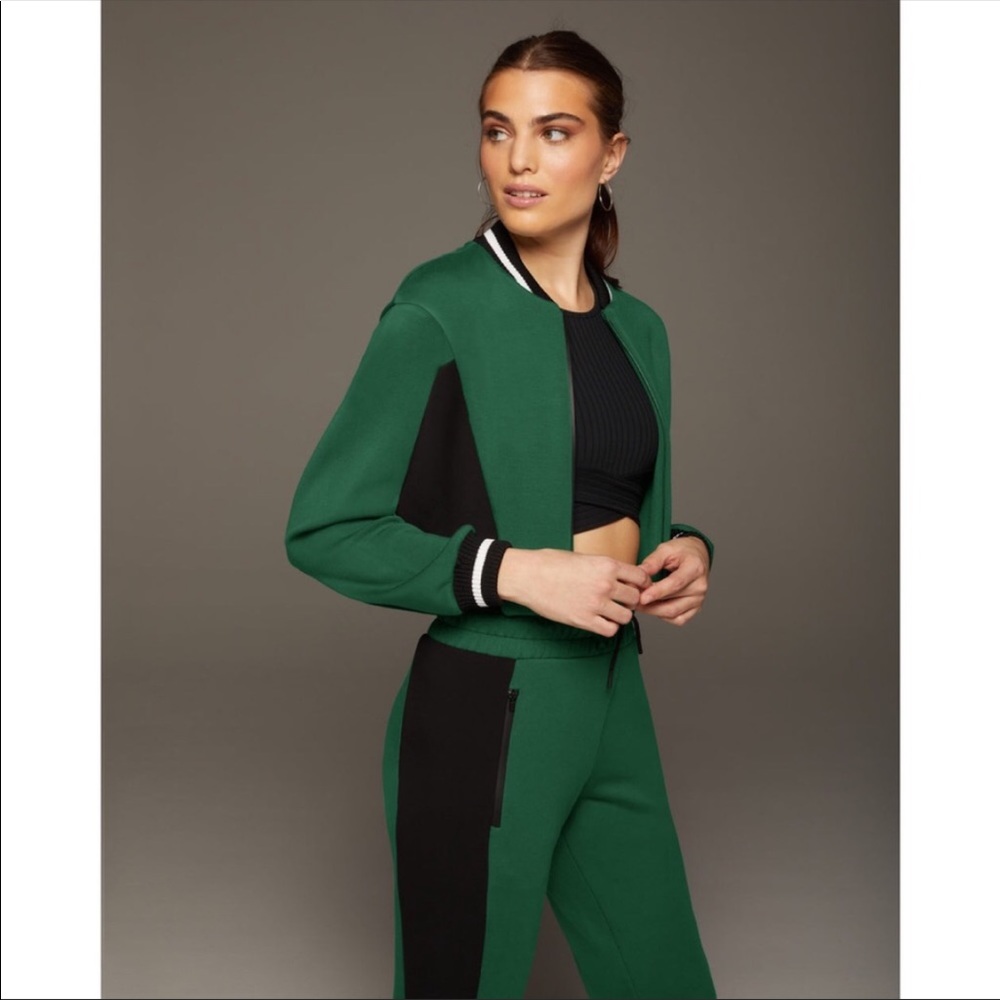 MICHI Carve Jacket Cropped Scuba Ribbed Track Colorblock Stripe Pine Green Black - Picture 15 of 15